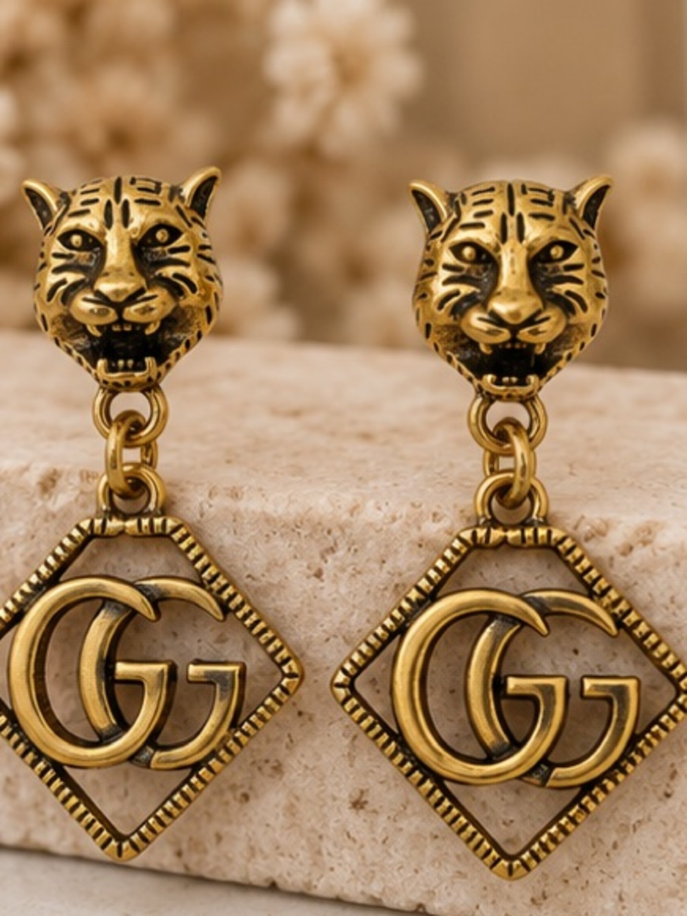 Designer Inspired Gold Tiger GG Drop Earrings